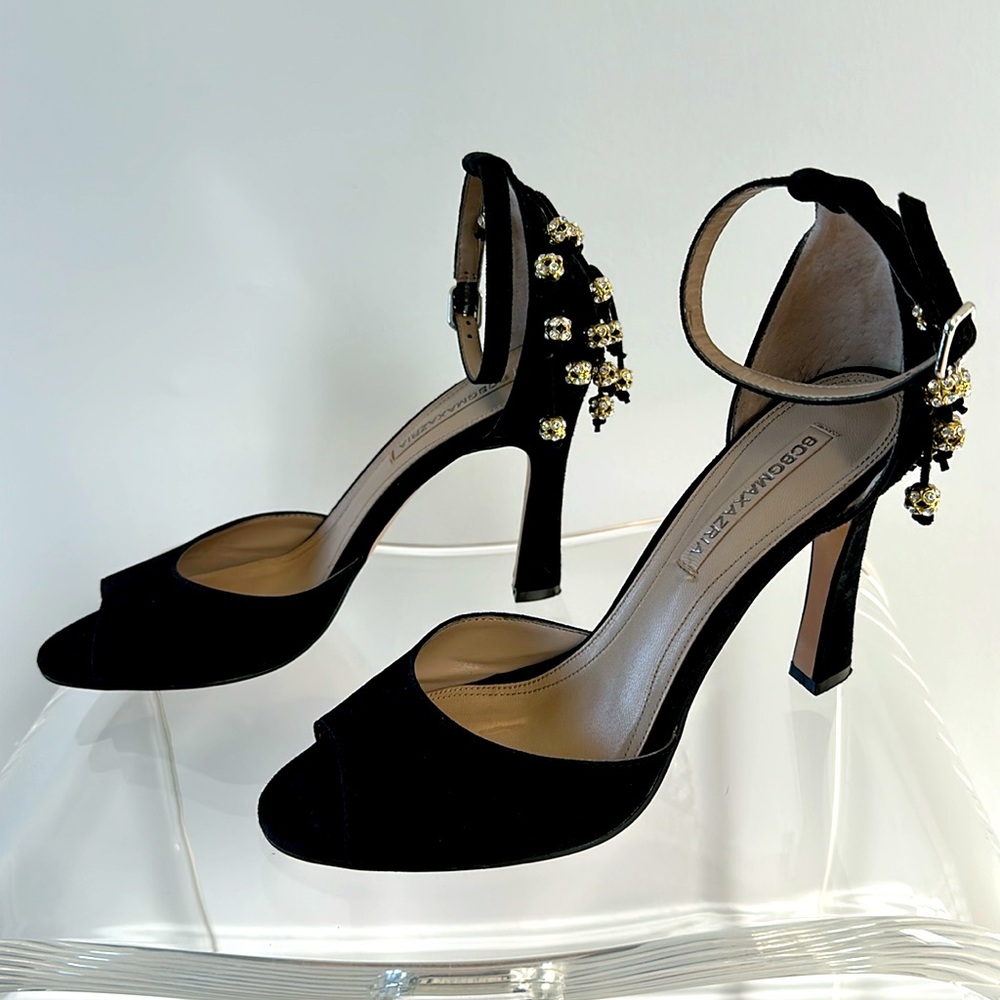 BCBGMAXAZRIA Adelinea Suede Black Heels With Crystal Embellishments Size 39